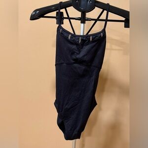 Mirella Black Leotard Size Small Mesh Trim Strappy Open Back Dancewear EUC